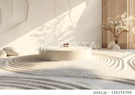 3D rendering podium on Zen sand garden with circular raked patterns 136254709