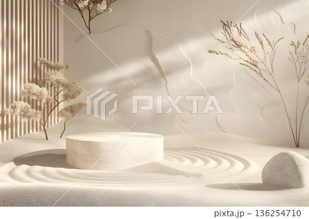 3D rendering podium on Zen sand garden with circular raked patterns 136254710