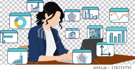 データを分析するビジネスウーマンのイラスト データを分析するビジネスウーマンのイラスト 136254792