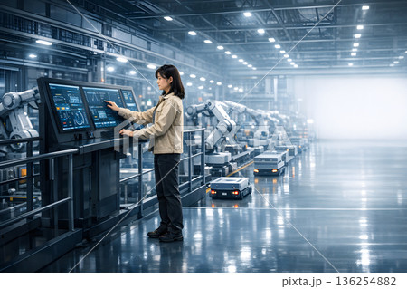 工場全体を見渡す女性によるスマート監視 136254882