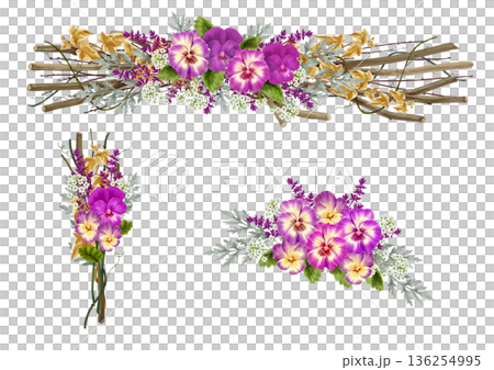 Pansy and twig border swag and flower arrangement 136254995