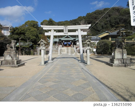 広島県広島市！鶴羽根神社の鳥居と狛犬 136255090