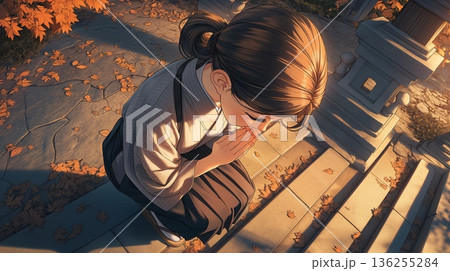 秋の紅葉の神社で願掛けをする女性 秋の紅葉の神社で願掛けをする女性 136255284