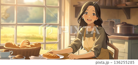 美味しそうなパンと幸せな朝の食卓 136255285