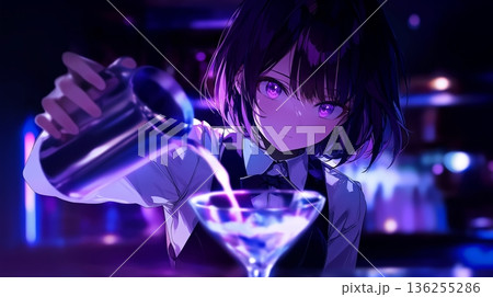 ネオンに照らされた女性バーテンダーがカクテルを注ぐイラスト 136255286