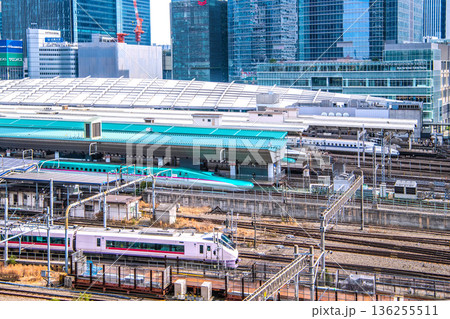 日本の東京都市景観　インバウンド続く…特急電車や東京駅にズラリ並んだ新幹線などを望む 136255511