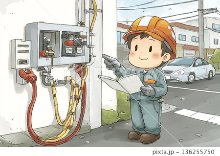 EV充電設備を点検する電気技術者の男性｜インフラ整備と次世代エネルギーを支える仕事のイラスト 136255750