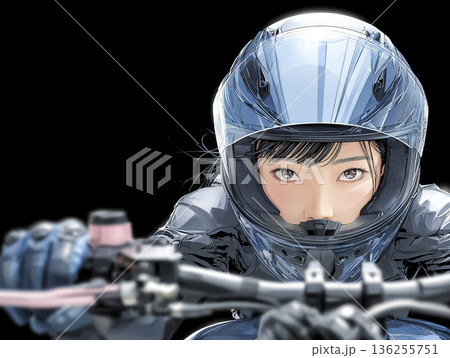 ヘルメット越しに前を見据える女性ライダー|夜のバイクと集中した走行シーンのイラスト ヘルメット越しに前を見据える女性ライダー|夜のバイクと集中した走行シーンのイラスト 136255751