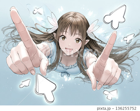 デジタル空間を指差すテクノフェアリー|カーソル型の羽を持つ未来的な妖精イラスト デジタル空間を指差すテクノフェアリー|カーソル型の羽を持つ未来的な妖精イラスト 136255752