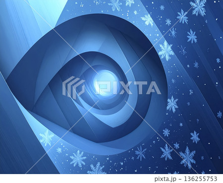 青のグラデーションに舞う雪片のスパイラル背景｜冬・幻想的な抽象デザイン素材 136255753
