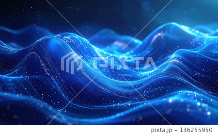 A glowing fractal galaxy swirls with energy across an abstract blue background of dark waves and bright starlight nestled in a deep purple cosmic nebula 136255950