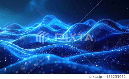 A glowing fractal galaxy swirls with energy across an abstract blue background of dark waves and bright starlight nestled in a deep purple cosmic nebula 136255951