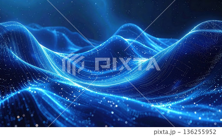 A glowing fractal galaxy swirls with energy across an abstract blue background of dark waves and bright starlight nestled in a deep purple cosmic nebula 136255952