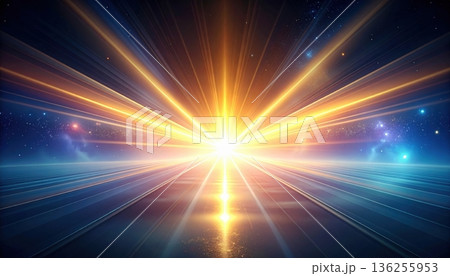 Abstract blue sky backdrop featuring a bright sun burst with glowing rays and colorful energy clouds in a creative space illustration design 136255953
