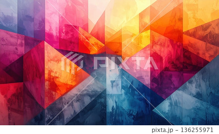 Colorful abstract geometric background featuring an origami style triangle pattern with orange paper shapes and a crystal texture for a modern business banner design 136255971