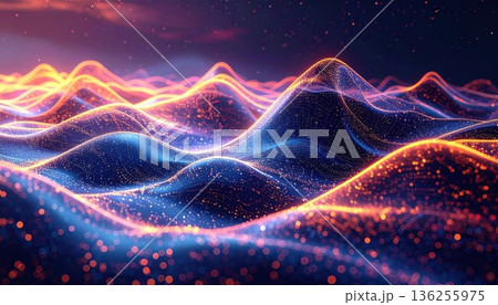 Abstract blue background featuring a fractal wave design with glowing lines and motion energy on a dark space backdrop 136255975