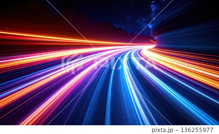 Abstract motion background of colorful energy waves and fast light lines creating a glowing night tunnel design for a high speed technology wallpaper Abstract motion background of colorful energy waves and fast light lines creating a glowing night tunnel design for a high speed technology wallpaper 136255977