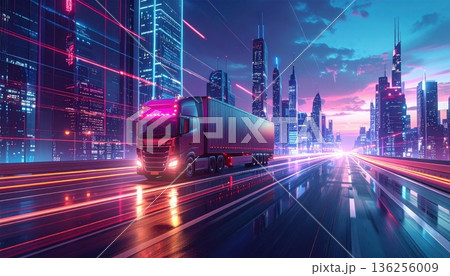 A vibrant urban timelapse captures the motion of fast cars driving along a dark city highway as evening lights blur into glowing streaks of transportation across the dusk street road 136256009