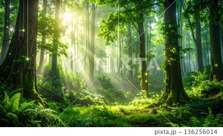 Misty sunlight filters through the green foliage of a serene woodland path as morning fog dances between the trees in this tranquil spring forest landscape 136256014