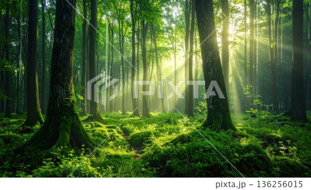 Misty sunlight filters through the green foliage of a serene woodland path as morning fog dances between the trees in this tranquil spring forest landscape 136256015