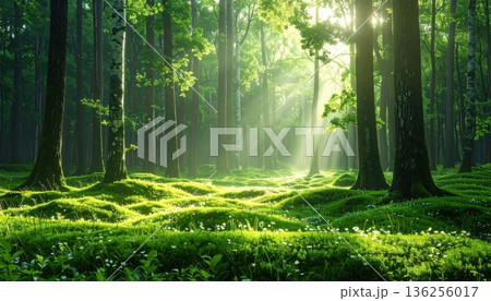 Misty sunlight filters through the green foliage of a serene woodland path as morning fog dances between the trees in this tranquil spring forest landscape 136256017