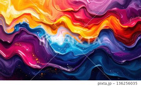 Vibrant abstract background featuring colorful blue waves and liquid paint swirls with a flowing light texture for a modern wallpaper design 136256035