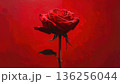 A single beautiful red rose blossom with green leaves and a delicate bud stands isolated on a black background as a romantic floral gift for Valentine's Day 136256044