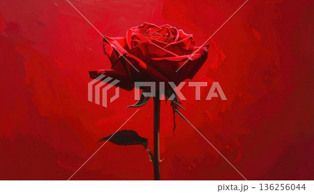 A single beautiful red rose blossom with green leaves and a delicate bud stands isolated on a black background as a romantic floral gift for Valentine's Day A single beautiful red rose blossom with green leaves and a delicate bud stands isolated on a black background as a romantic floral gift for Valentine's Day 136256044