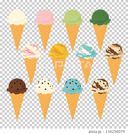 いろいろなフレーバーのアイスクリームのベクターイラストセット 136256079