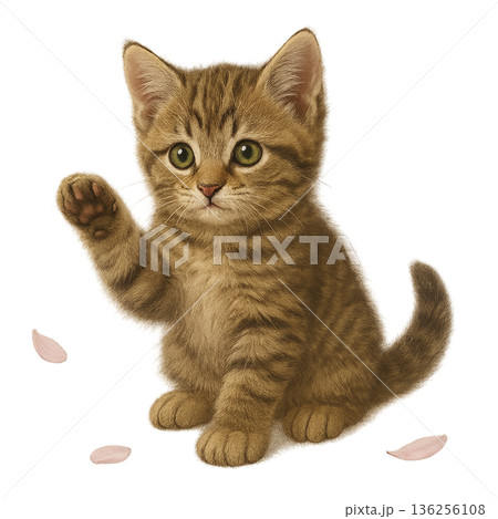 桜の花びらにじゃれる子猫 136256108