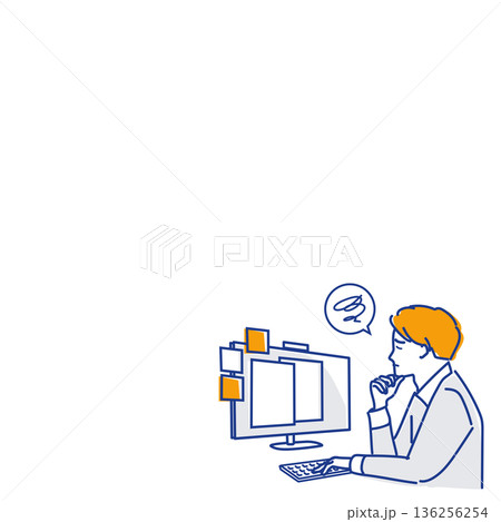 余白のある会議前にアイデアが思い浮かばない男性（色違い）（行き詰まり） 136256254