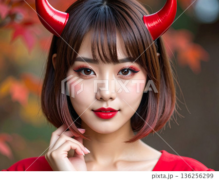 ハロウィンのコスプレで悪魔のツノをつけた若い女性 136256299