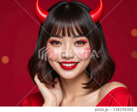 ハロウィンのコスプレで悪魔のツノをつけた若い女性 136256302