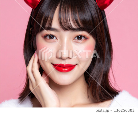 ハロウィンのコスプレで悪魔のツノをつけた若い女性 136256303