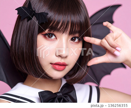 ハロウィンのコスプレでコウモリをつけた若い女性 136256355