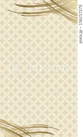 七宝の和柄背景に筆で描いた金色のあしらいのあるデザイン　縦長レイアウトの和風背景イラスト 136257278