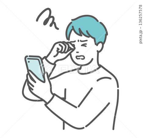スマホを見て目をこする男性のイラスト（眼精疲労・糖尿病網膜症・ドライアイ） 136257578