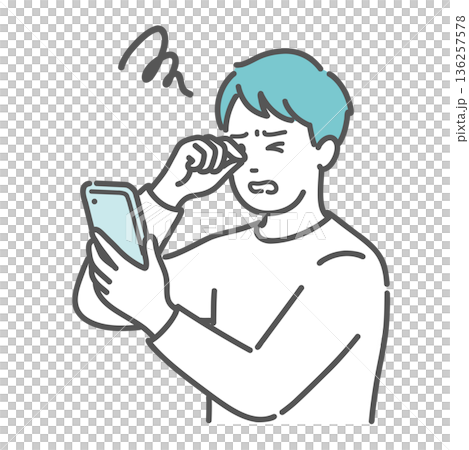 スマホを見て目をこする男性のイラスト（眼精疲労・糖尿病網膜症・ドライアイ） 136257578