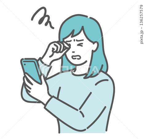 スマホを見て目をこする女性のイラスト(眼精疲労・ドライアイ・糖尿病網膜症) スマホを見て目をこする女性のイラスト(眼精疲労・ドライアイ・糖尿病網膜症) 136257579