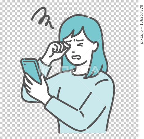 Illustration of a woman rubbing her eyes while looking at her smartphone (eye strain, dry eyes, diabetic retinopathy) 136257579