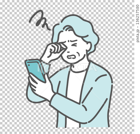 Illustration of an elderly woman rubbing her eyes while looking at her smartphone (presbyopia, cataracts, diabetic retinopathy) 136257580