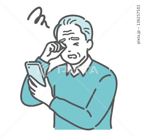 スマホを見て目をこする高齢男性のイラスト（白内障・緑内障・老眼） 136257581