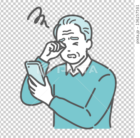 スマホを見て目をこする高齢男性のイラスト（白内障・緑内障・老眼） 136257581
