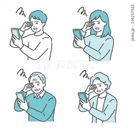 スマホを見て目をこする老若男女のイラストセット（眼精疲労・老眼・糖尿病網膜症） 136257582