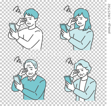 スマホを見て目をこする老若男女のイラストセット（眼精疲労・老眼・糖尿病網膜症） 136257582