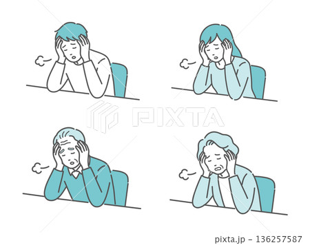 強い倦怠感とストレスに悩む老若男女のイラストセット(うつ病・過労・糖尿病) 強い倦怠感とストレスに悩む老若男女のイラストセット(うつ病・過労・糖尿病) 136257587