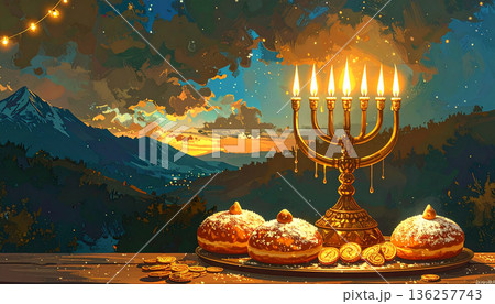 Golden Menorah with Bread in Dramatic Night Scene Golden Menorah with Bread in Dramatic Night Scene 136257743