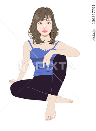 片膝を立てて座るウエーブヘアー少女イラスト 136257791