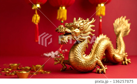 Chinese New Year Red Background with Golden Hanging Lanterns Chinese New Year Red Background with Golden Hanging Lanterns 136257875