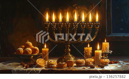 Hanukkah Menorah with Lit Candles on Dark Background 136257882
